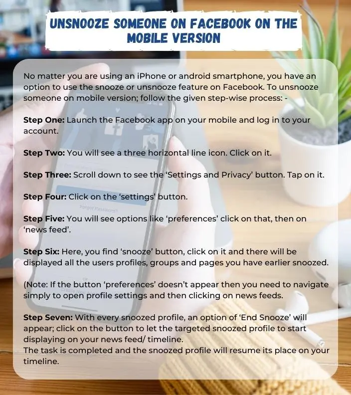 unsnooze someone on facebook on the mobile version infographic